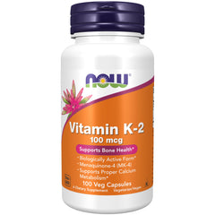 NOW Foods K2 MK-4 bottle front shows 100 mcg per capsule for bone health support