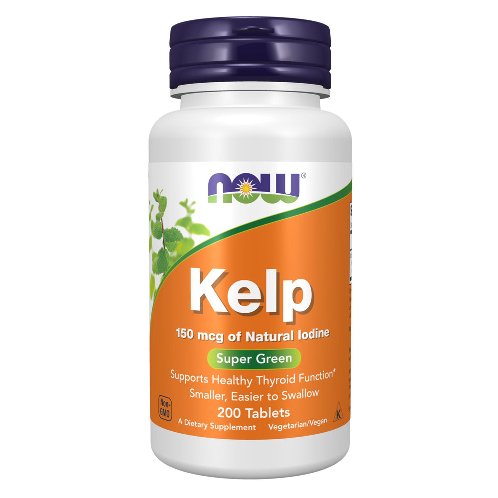 NOW Foods Kelp 150 mcg bottle shows natural iodine source for daily use.