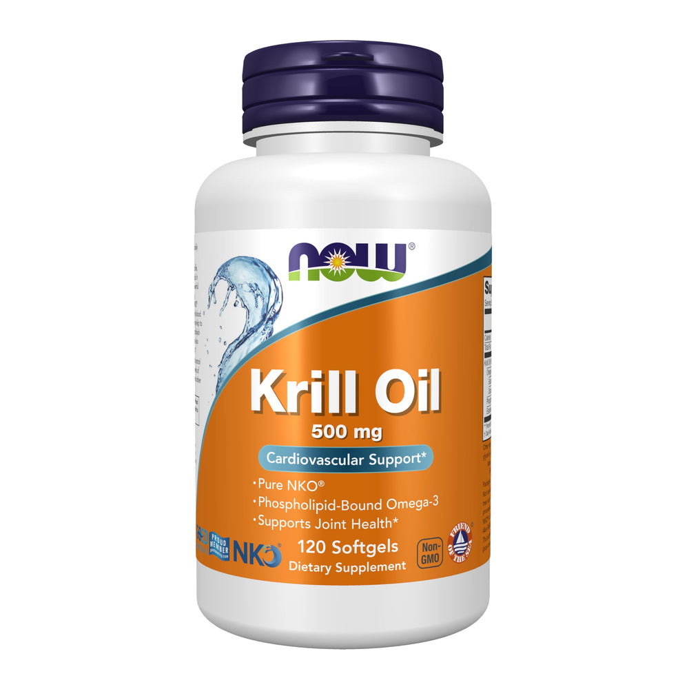 NOW Foods Krill Oil 500 mg bottle showing the phospholipid-bound omega-3 formulation for potential benefits