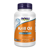 NOW Foods Krill Oil 500 mg bottle showing the phospholipid-bound omega-3 formulation for potential benefits