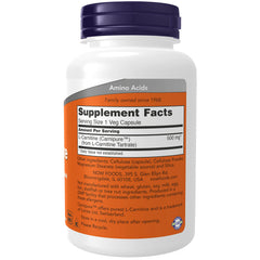 NOW Foods L-Carnitine bottle label close-up highlights purity and testing