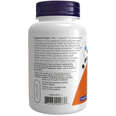 NOW Foods L-Carnitine capsules close-up reveals 500 mg per capsule