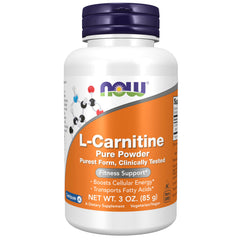 NOW Foods L-Carnitine Tartrate powder bottle labeled for energy support.