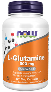 NOW Foods L-Glutamine 500 mg bottle front view for nitrogen transporter potential.