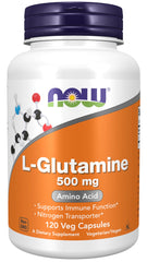 NOW Foods L-Glutamine 500 mg bottle front view for nitrogen transporter potential.