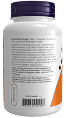 NOW Foods L-Glutamine 500 mg bottle label close-up showing ingredients and quality.