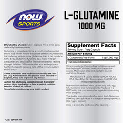 NOW Foods L-Glutamine capsules closeup showing easy to swallow capsules