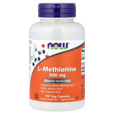 NOW Foods L-Methionine 500 mg bottle on a clean shelf, showcasing the daily supplement option