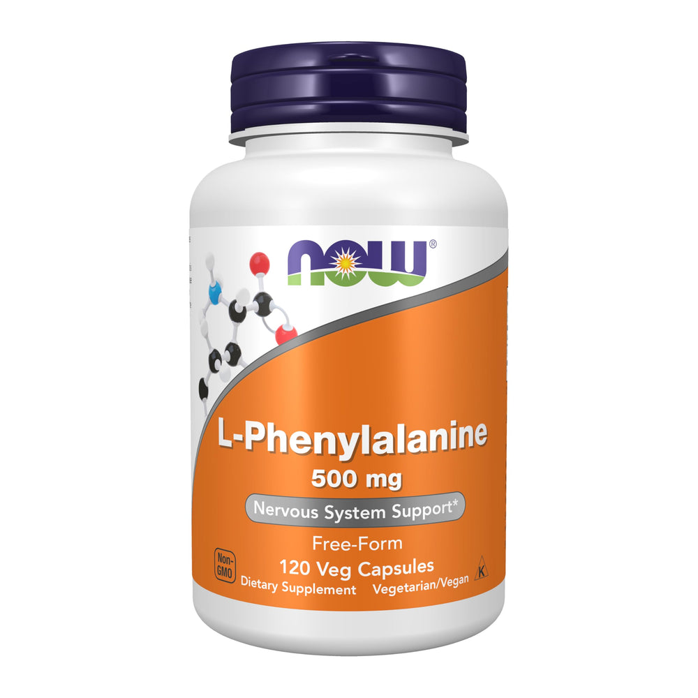 NOW Foods L-Phenylalanine 500 mg bottle front view, vegan amino acid for daily protein synthesis support.