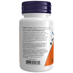 NOW Foods L-Theanine Pure Powder label closeup highlights ingredients and purity