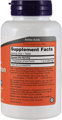 NOW Foods L-Tryptophan 1000 mg tablets label close-up highlighting pharmaceutical purity.