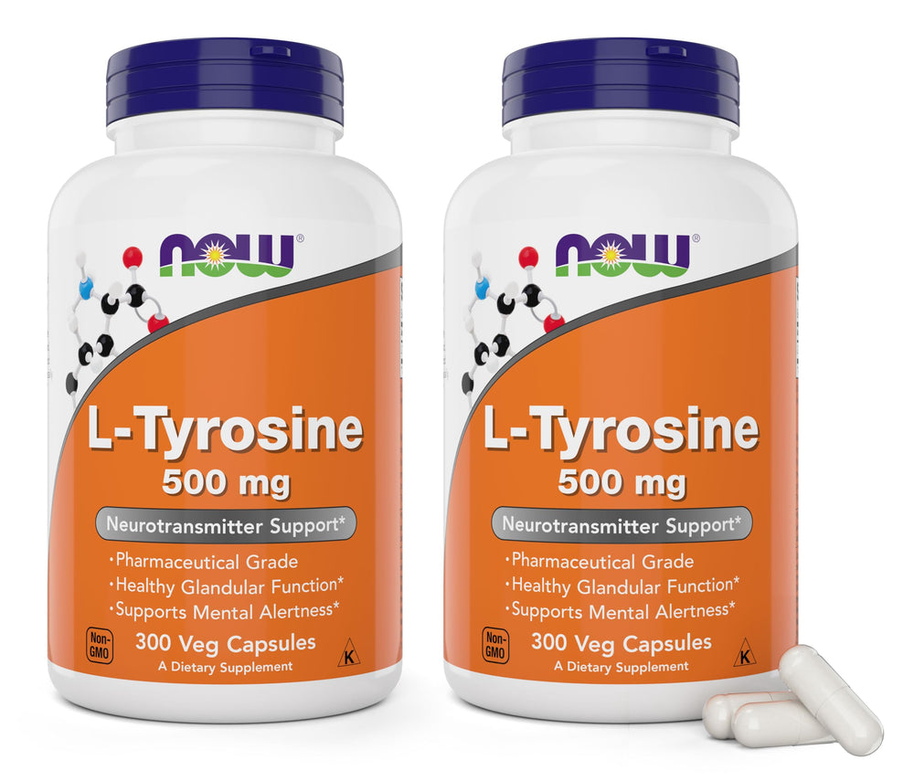 NOW Foods L-Tyrosine 500mg bottle front view for mood and focus support