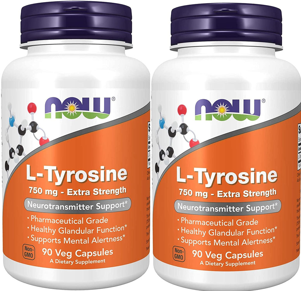 NOW Foods L-Tyrosine 750 mg bottle front with clear dosage information for daily use