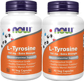 NOW Foods L-Tyrosine 750 mg bottle front with clear dosage information for daily use