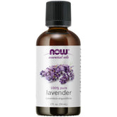 NOW Foods lavender oil 2 oz bottle close-up for diffusion and aroma.