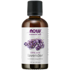 NOW Foods lavender oil 2 oz bottle close-up for diffusion and aroma.