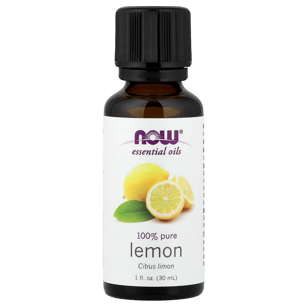 NOW Foods Lemon Essential Oil 1 oz bottle close-up, pure citrus aroma.