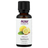 NOW Foods Lemon Essential Oil 1 oz bottle close-up, pure citrus aroma.