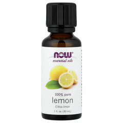 NOW Foods Lemon Essential Oil 1 oz bottle close-up, pure citrus aroma.