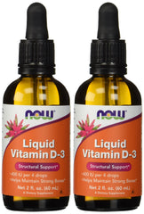 NOW Foods Vitamin D-3 liquid bottle with dropper delivering 400 IU per four drops for bone support.
