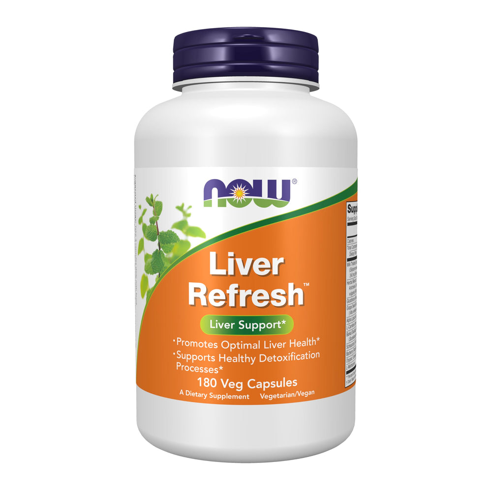 NOW Foods Liver Refresh bottle pouring capsules for daily liver health support.