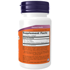 NOW Foods Lutein softgels close-up showing vibrant orange capsules.