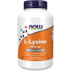 NOW Foods L-Lysine 500 mg bottle front showing daily protein support.