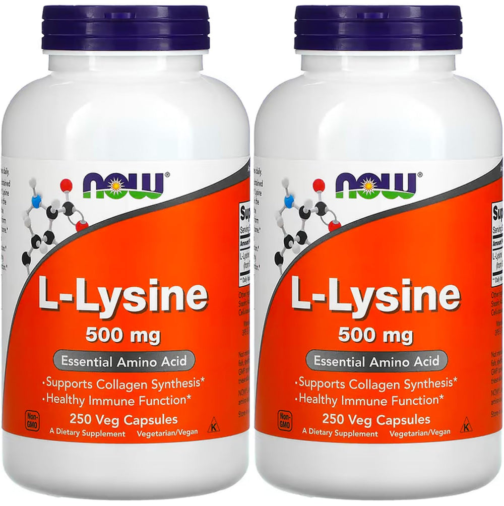 NOW Foods L-Lysine 500 mg bottle pour shows easy daily dosing for protein support