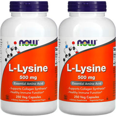 NOW Foods L-Lysine 500 mg bottle pour shows easy daily dosing for protein support