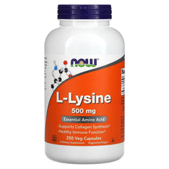 NOW Foods L-Lysine 500 mg capsules closeup highlights potency and supplement consistency