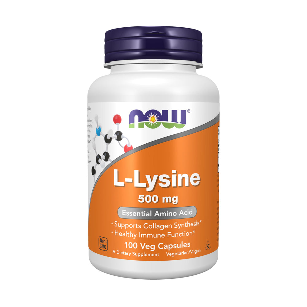 NOW Foods L-Lysine 500mg capsules on bottle, supports collagen synthesis.