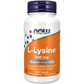 NOW Foods L-Lysine 500 mg tablets in bottle support collagen synthesis and immune function