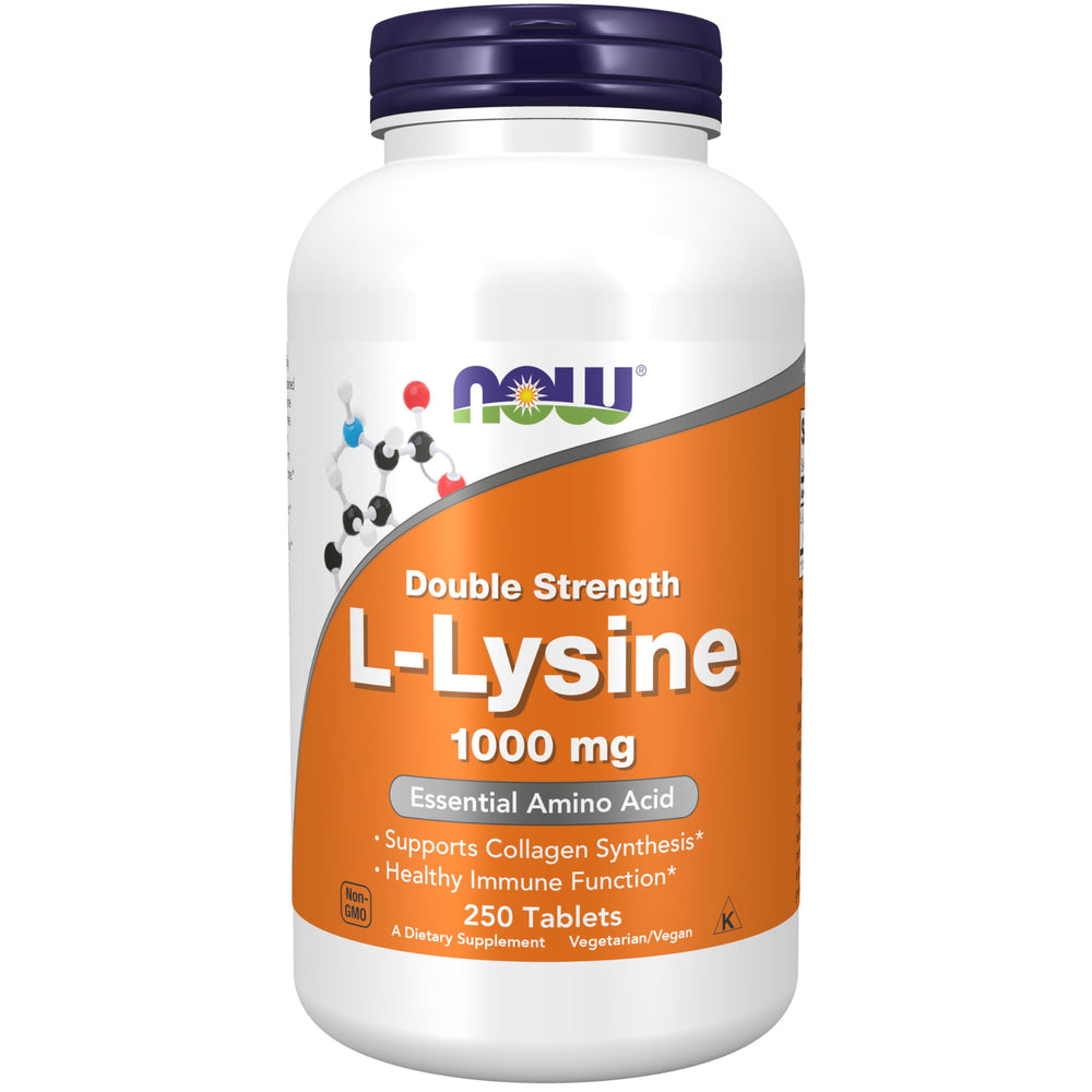 NOW Foods L-Lysine HCL 1000 mg bottle supports protein synthesis and immune health.