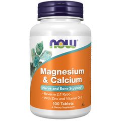 NOW Foods Magnesium and Calcium tablets close-up for nerve and bone support