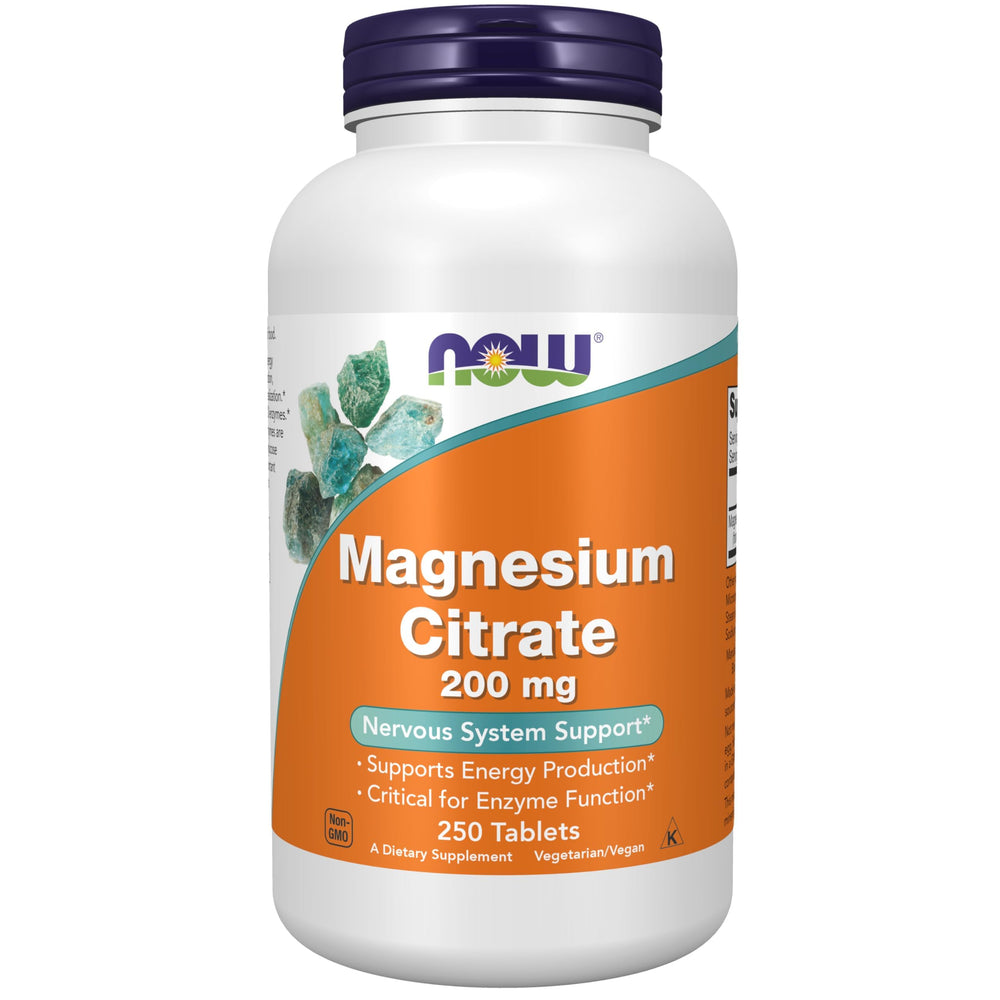 NOW Foods Magnesium Citrate 200 mg tablet front view, supporting energy and metabolism.