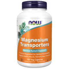 NOW Foods Magnesium Transporters bottle shows five forms for improved absorption.