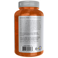 NOW Foods MCT Oil contains C8 and C10 fats for fast energy metabolism.