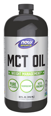 NOW Foods MCT Oil 32oz bottle with label for easy dressings and cooking.