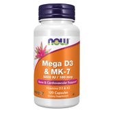 NOW Foods Mega D3 & MK-7 bottle front label highlighting bone and cardiovascular support.