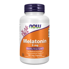NOW Foods Melatonin 5 mg bottle on nightstand for sleep support