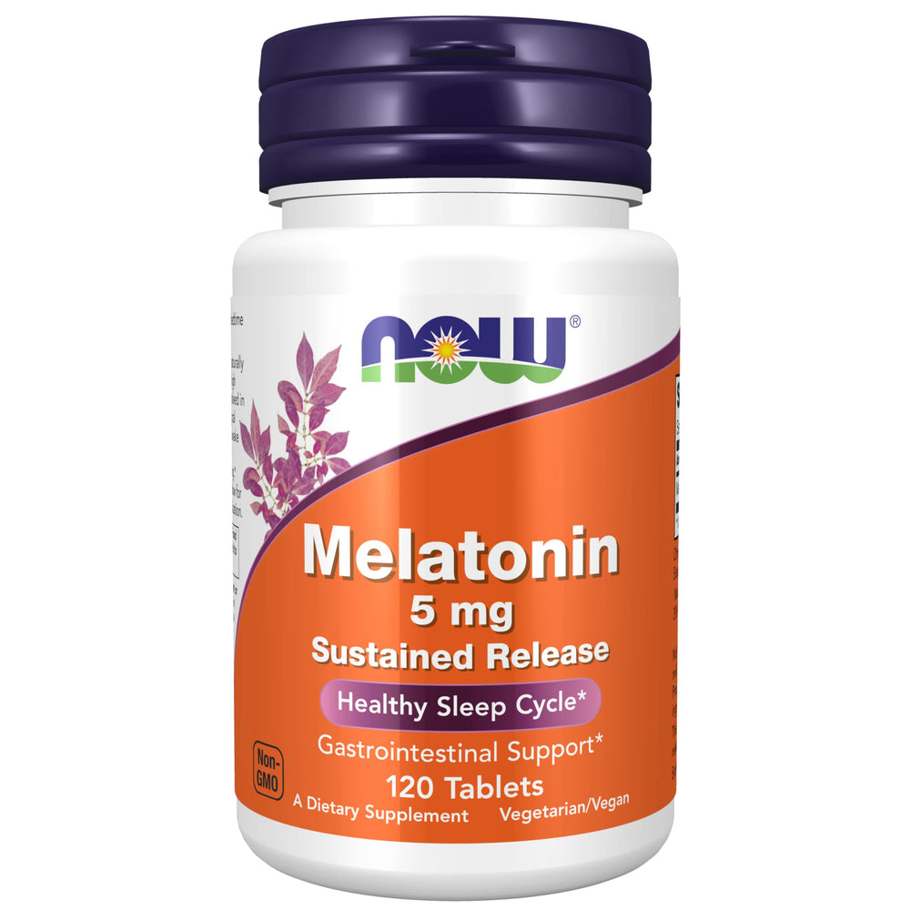 NOW Foods Melatonin 5 mg sustained-release bottle for smoother night-time support