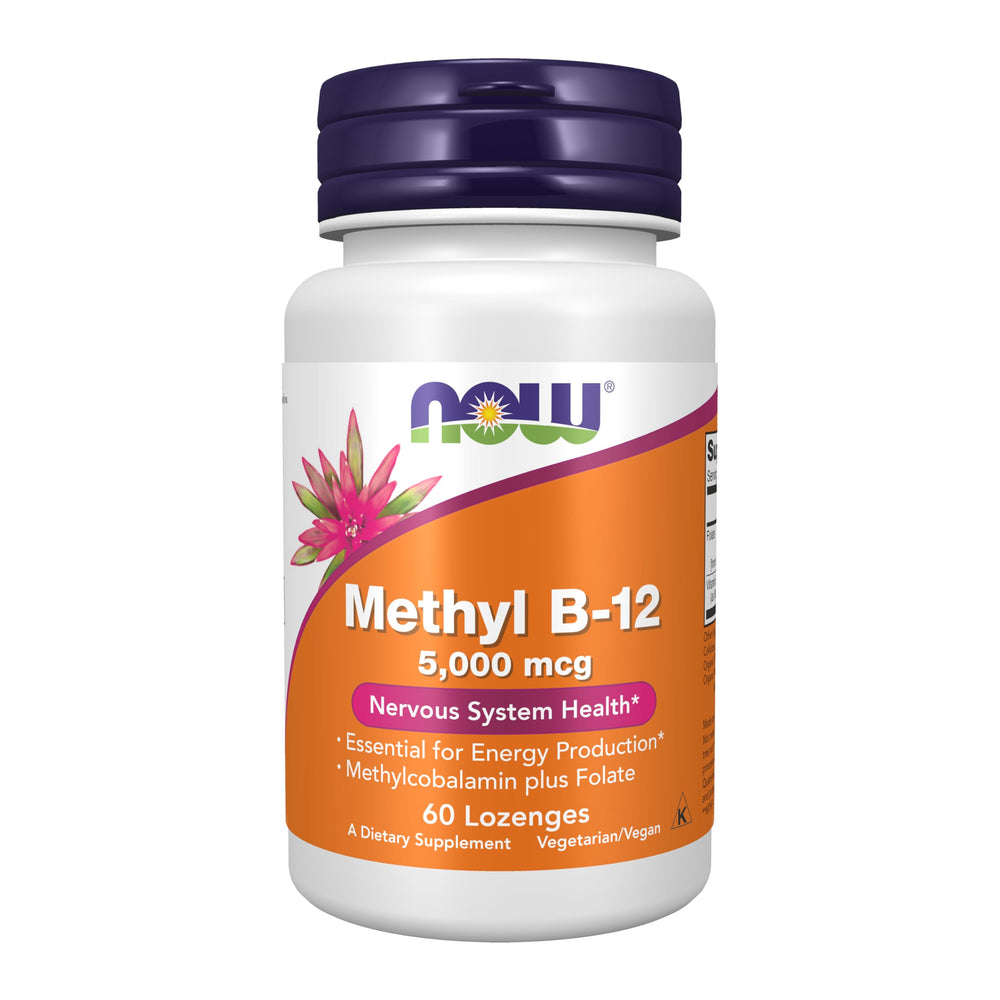 NOW Foods Methyl B-12 lozenges bottle label highlighting energy support and nervous system care