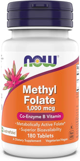 NOW Foods Methyl Folate 1,000 mcg tablet bottle close-up for daily wellness.