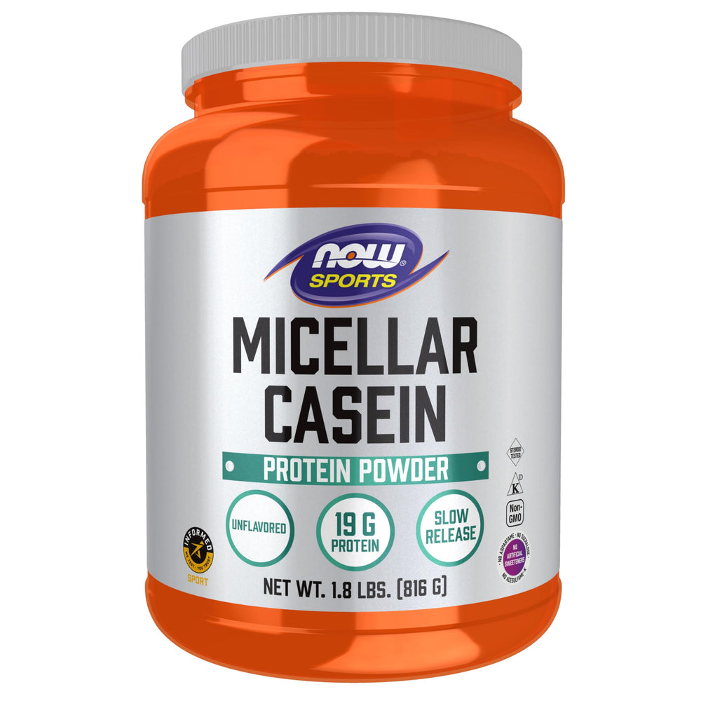 NOW Foods Micellar Casein bottle pour illustrates slow-release protein for sustained support.