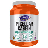 NOW Foods Micellar Casein bottle pour illustrates slow-release protein for sustained support.