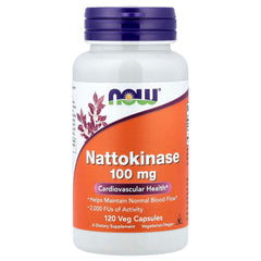 NOW Foods Nattokinase 100 mg VegiCaps bottle front may support healthy blood flow as part of daily use.