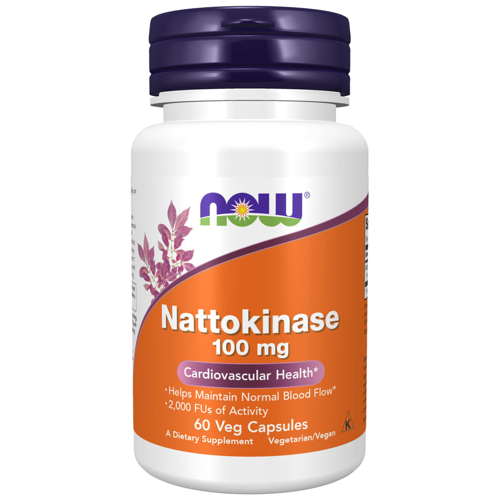 NOW Foods nattokinase bottle front with 60 vegan capsules supporting normal blood flow