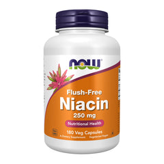 NOW Foods Niacin 250 mg bottle displaying the flush-free B-3 option for daily support.