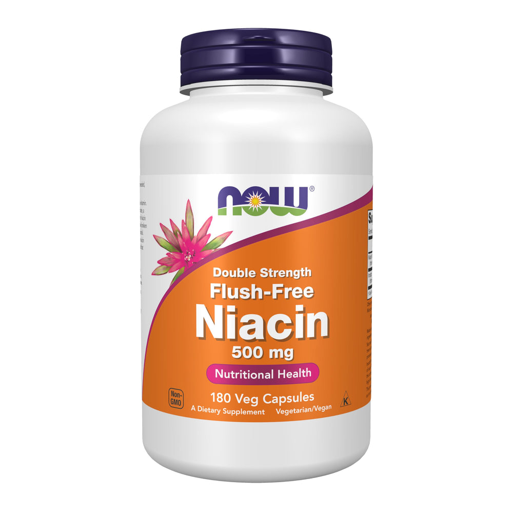 NOW Foods Niacin 500mg bottle front label highlights flush-free technology