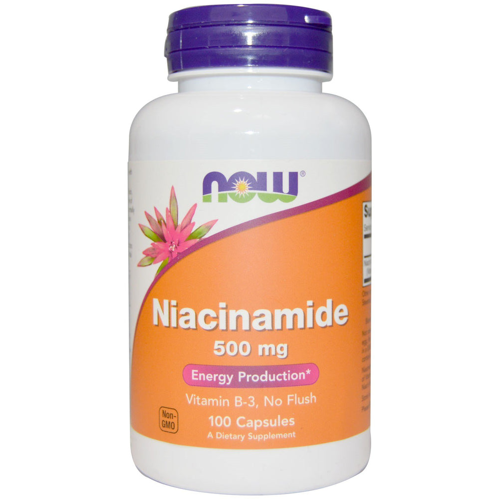 NOW Foods Niacinamide 500mg bottle pour with capsules for daily energy support